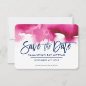 モダンな濃いピンクの水彩画のミツワー記念日 SAVE THE DATE サンキューカード (正面)