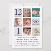 モダンな濃紺の写真のコラージュの最初誕生日 招待状 (正面)