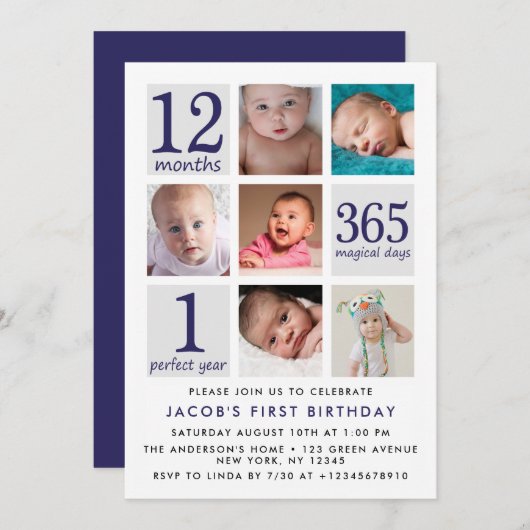 モダンな濃紺の写真のコラージュの最初誕生日 招待状 (正面/裏面)