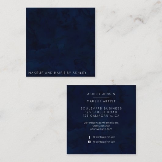 モダンな濃紺の水彩画の化粧のプロフェッショナル スクエア名刺 (正面/裏面)