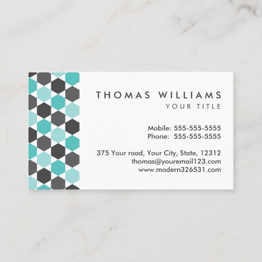 モダンな灰色および水の青い六角形のボーダー 名刺 (裏面)