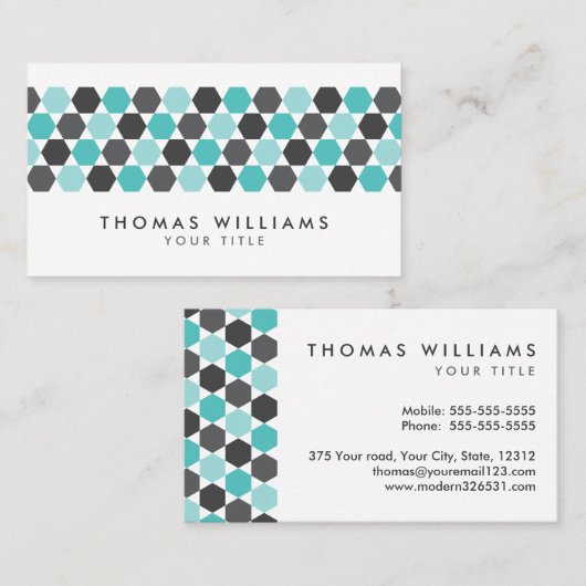 モダンな灰色および水の青い六角形のボーダー 名刺 (正面/裏面)