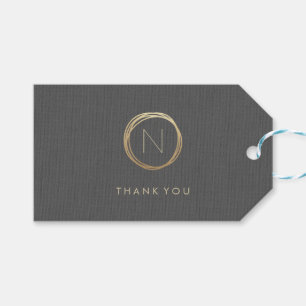 モダンな灰色のリネンエレガントな金ゴールドのモノグラムは感謝してい ギフトタグ