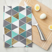 モダンな灰色白のティール(緑がかった色)およびのどの金ゴールドの三角形 キッチンタオル (四つ折り)