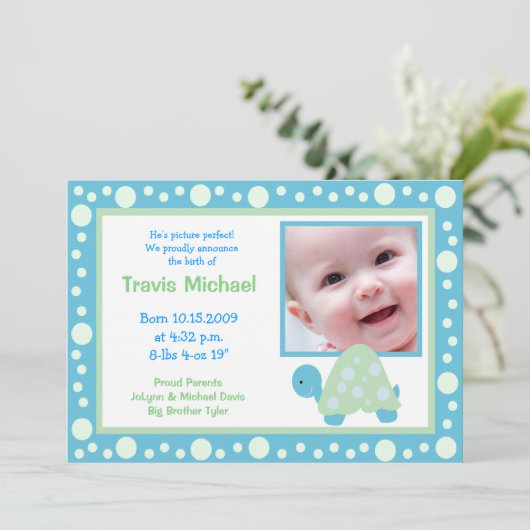 モダンな点のカメのベビーの写真の誕生の発表 案内状 (スタンド正面)