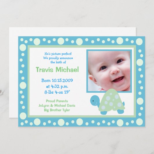モダンな点のカメのベビーの写真の誕生の発表 案内状 (正面/裏面)