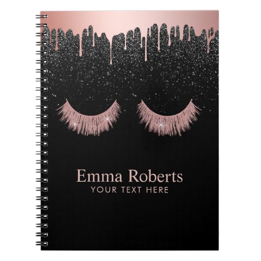 モダンな点滴注入のばら色の金ゴールドの鞭の黒のグリッター ノートブック (正面)