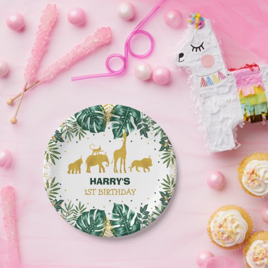 モダンな熱帯ジャングルサファリの野生の1つの誕生日 ペーパープレート (パーティー)