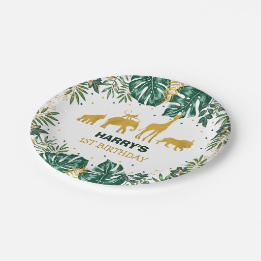 モダンな熱帯ジャングルサファリの野生の1つの誕生日 ペーパープレート (アングル)