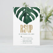 モダンな熱帯スイスチーズの葉の金ゴールドの結婚 出欠カード (スタンド正面)