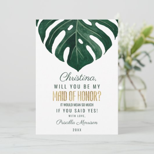 モダンな熱帯スイスチーズの金ゴールドのメイド・オブ・オーナー（花嫁付き添い人） 招待状 (スタンド正面)