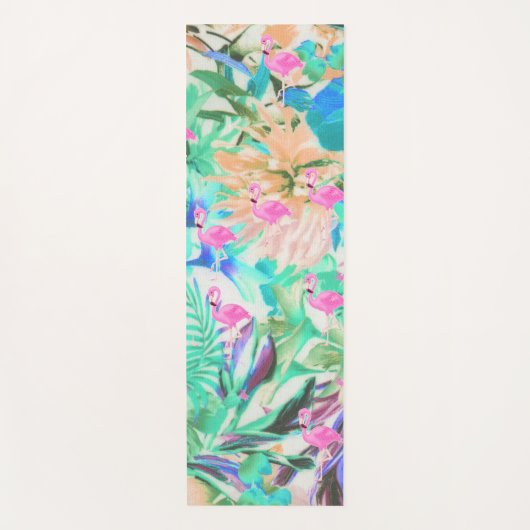 モダンな熱帯ティール（緑がかった色）のピンクの花柄のフラミンゴ ヨガマット (正面)