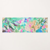 モダンな熱帯ティール（緑がかった色）のピンクの花柄のフラミンゴ ヨガマット (正面(横))