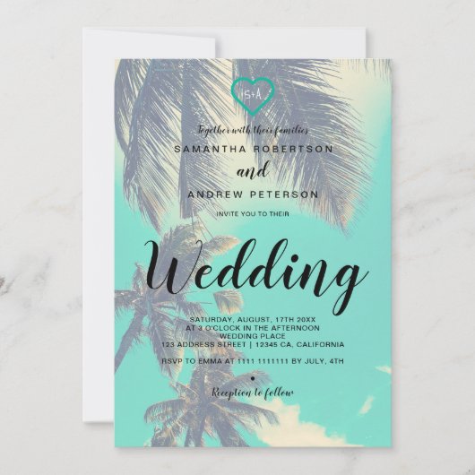 モダンな熱帯ビーチのやし上敷の写真の結婚式 招待状 (正面)