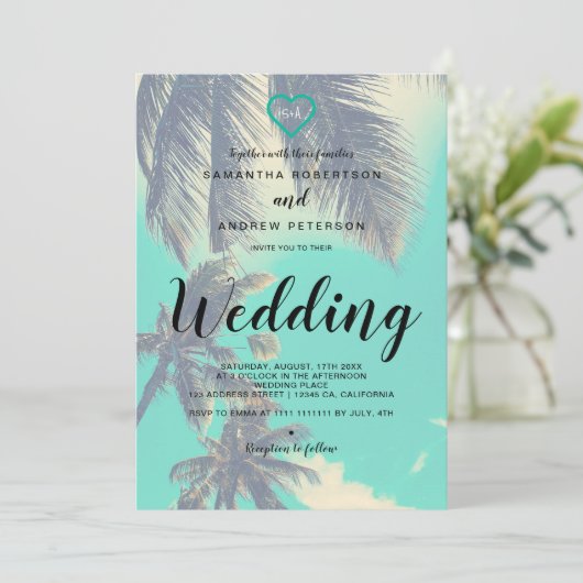 モダンな熱帯ビーチのやし上敷の写真の結婚式 招待状 (スタンド正面)