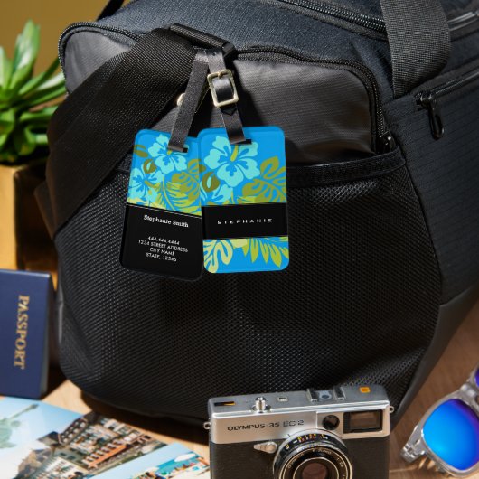 モダンな熱帯ビーチのハイビスカスの紺碧の青 ラゲッジタグ (正面&裏面)