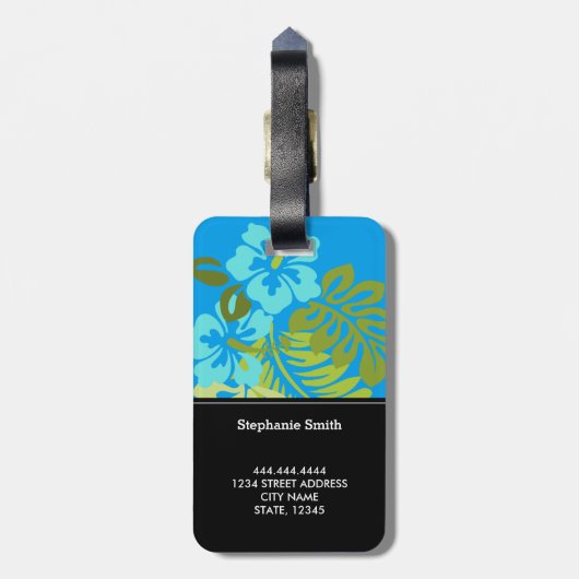 モダンな熱帯ビーチのハイビスカスの紺碧の青 ラゲッジタグ (裏面縦)