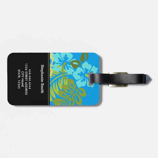 モダンな熱帯ビーチのハイビスカスの紺碧の青 ラゲッジタグ (裏面横)