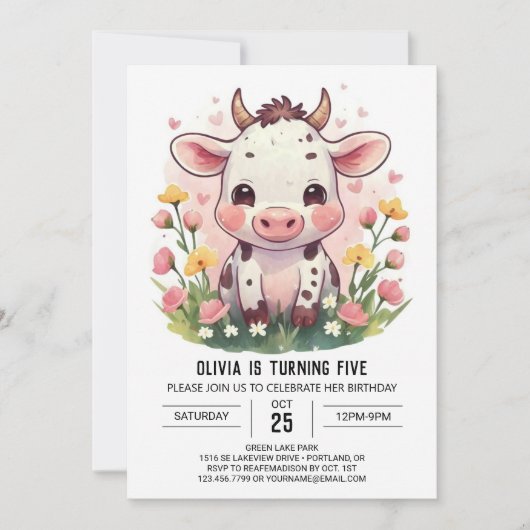 モダンな牧場の淡い色の牛の誕生日 招待状 (正面)
