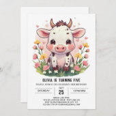 モダンな牧場の淡い色の牛の誕生日 招待状 (正面/裏面)