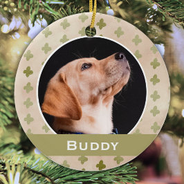モダンな犬のペット写真と花柄のクリスマスパターン セラミックオーナメント