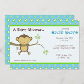 モダンな猿のベビーシャワー招待状-青 招待状 (正面/裏面)