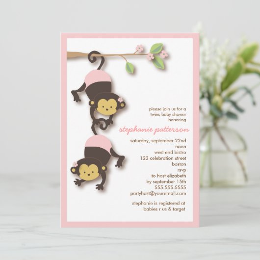 モダンな猿の双生児の女の子のベビーシャワーの招待状 招待状 (スタンド正面)