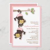 モダンな猿の双生児の女の子のベビーシャワーの招待状 招待状 (正面/裏面)