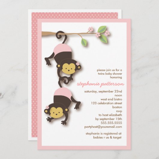 モダンな猿の双生児の女の子のベビーシャワーの招待状 招待状 (正面/裏面)