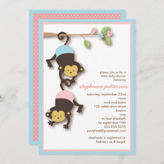 モダンな猿の双生児の女の子及び男の子のベビーシャワー 招待状 (正面/裏面)