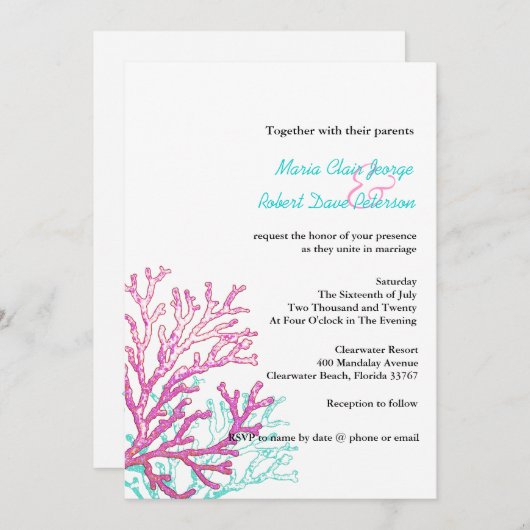 モダンな珊瑚のビーチの行先の結婚式招待状 招待状 (正面/裏面)