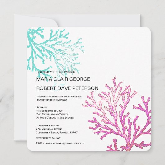 モダンな珊瑚のビーチの行先の結婚式招待状 招待状 (正面)