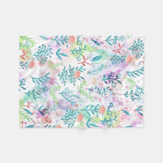 モダンな珊瑚のピンクのティール（緑がかった色）の水彩画の花柄パターン フリースブランケット (正面(横))