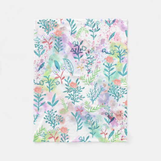 モダンな珊瑚のピンクのティール（緑がかった色）の水彩画の花柄パターン フリースブランケット (正面)