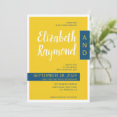 モダンな現代風のイエローとブルーのミニマルウェディング 招待状 (スタンド正面)