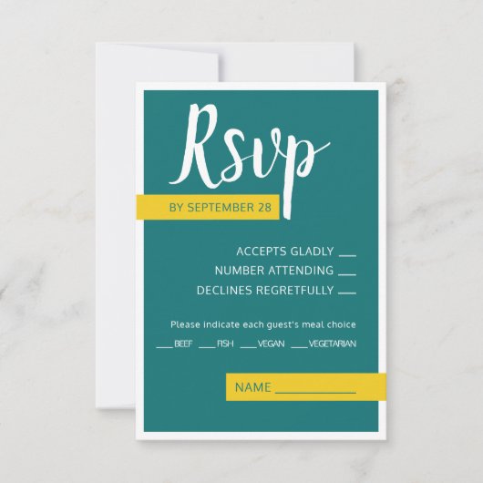 モダンな現代風 緑と黄色のミニマルな結婚式 出欠カード (正面)
