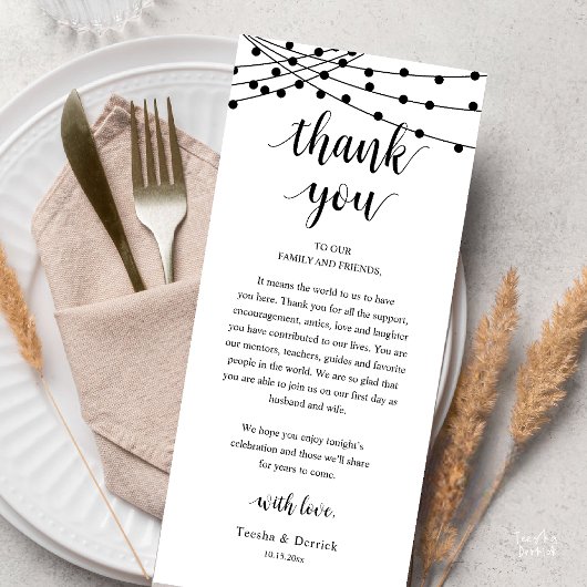モダンな田舎風の結婚式のディナーお礼カード プログラム