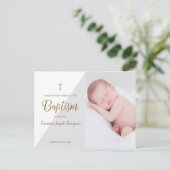 モダンな男の子のグレーの写真 洗礼 感謝カード ポストカード (スタンド正面)