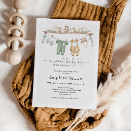 モダンな男の子のベビーシャワーのためのおしゃれなベビー服の招待状 招待状