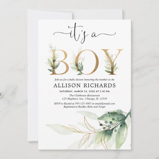 モダンな男の子のベビーシャワーの緑の草木の陸軍少佐の階級章 招待状 (正面)