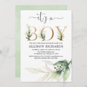 モダンな男の子のベビーシャワーの緑の草木の陸軍少佐の階級章 招待状 (正面/裏面)
