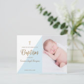 モダンな男の子の青い写真の洗礼感謝カード ポストカード (スタンド正面)