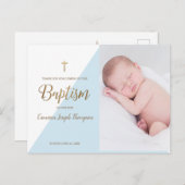 モダンな男の子の青い写真の洗礼感謝カード ポストカード (正面/裏面)