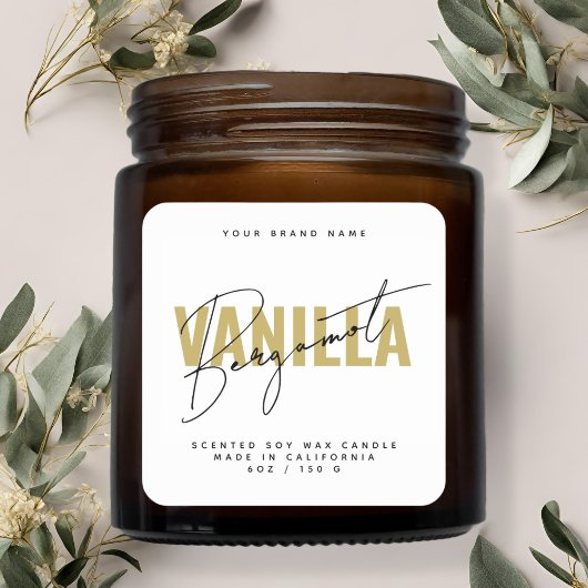 モダンな白いスクリプト タイポグラフィーのキャンドルラベル スクエアシール