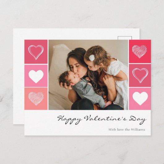 モダンな白いハートの赤とピンクの写真バレンタイン ポストカード (正面/裏面)