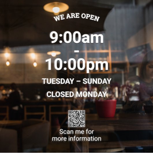 モダンな白い店舗営業時間＋QRコード ウィンドウサイン