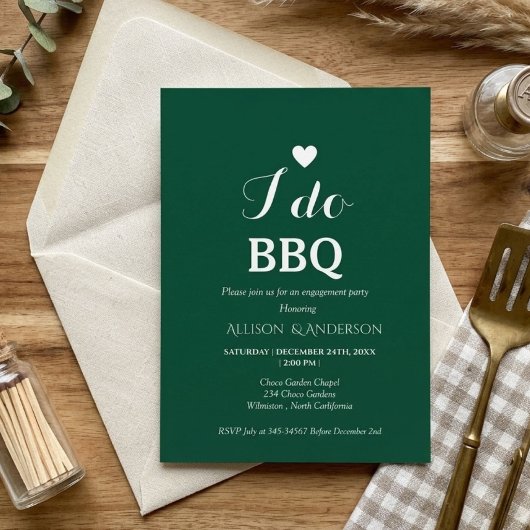 モダンな白い手書きの文字で「i do bbq」と書かれたエンゲージメントパーティーグッズ 招待状