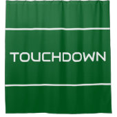 モダンな白い文字とストライプが映えるダークグリーンのTOUCHDOWN デザイン シャワーカーテン (正面)