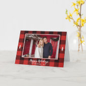 モダンな白い木の赤と黒のクリスマスの写真 カード (黄色い花)