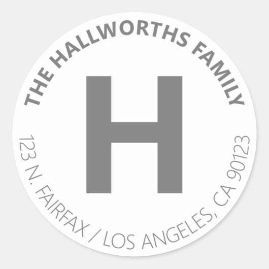 モダンな白とグレーの返送先住所ラベル ラウンドシール (正面)